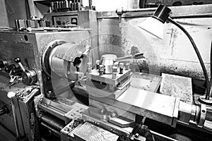 Black and white photo of Lathe machine tool