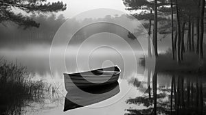 A Black And White Photo Of A Lone Boat On A Misty Lake. Generati