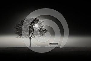 black and white photo of a lone tree and bench in a foggy field