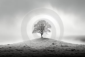 black and white photo of a lone tree on top of a hill