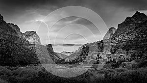Black and White Photo of the Majestic Sandstone Mountains at both sides of the Pa`rus Trail in Zion National Park