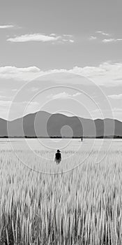 Black And White Photo: Man Walking Through Japanese-style Wheat Field photo