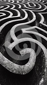 A black and white photo of a maze with many twists, AI