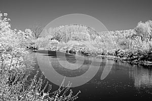 Black-and-white photo of the Miass River below the city of Chelyabinsk