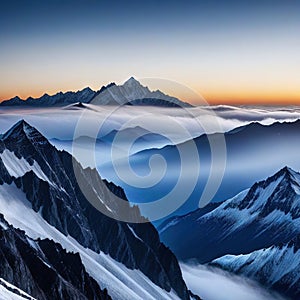 a black and white photo of a mountain range with fog in ther and a bright sun in the sky above the mountain