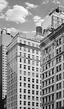 Black and white photo of New York old buildings, USA