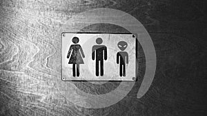 Black and white photo with noise. Gender neutral sign for the restroom. Inclusive concept