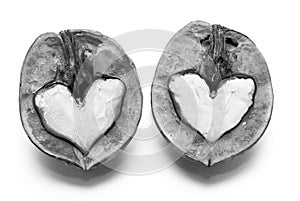 Black and white photo with nuts in shape of hearts on white background