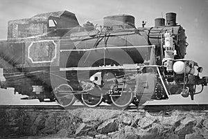 Black and white photo of the old Soviet train