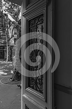 Black and white photo of opened door with ornate antique grating on door window and blurred background. Painted door panel.