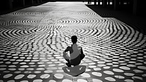 A black and white photo of a person sitting on a tiled floor. Generative AI image.