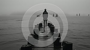 a black and white photo of a person standing on a pier