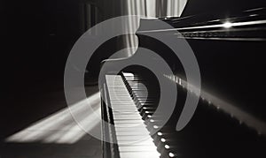 Black and white photo of a piano in the interior of a room