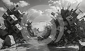 A black and white photo of a pile of rubble with a river running through it.