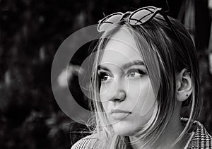 Black and white photo, portrait of a young  Ukrainian girl