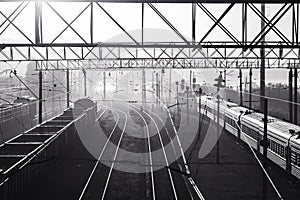 Black and white photo of railway tracks in fog with passenger and freight trains