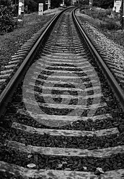 Black and white photo of railroad tracks