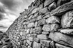 A black and white photo of a rock wall. The photo is of a large rock wall with a lot of texture and detail. The wall appears to be photo