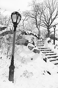 Black and White Photo of Rocky Stairs Going Up and Street Lights Covered in Snow at Central Park during the Winter in New York Cit
