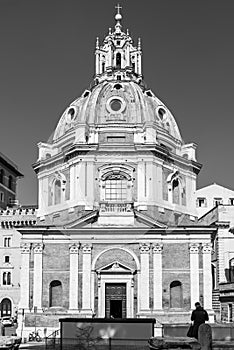 Black and white photo of roman catholic church front facade