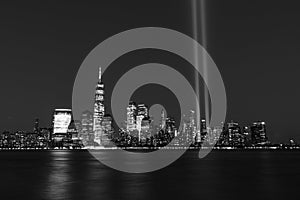 Black and White Photo of the September 11 Tribute In Light Art Installation in the Lower Manhattan New York City Skyline at Night
