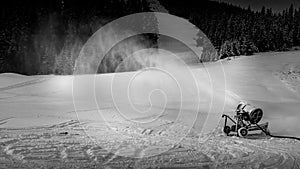 Black an White photo a Snow Making Machine on the Ski Slopes of Sun Peaks