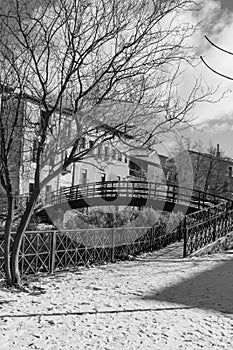 black and white photo of snowy landscape in the town of Molina de Aragon