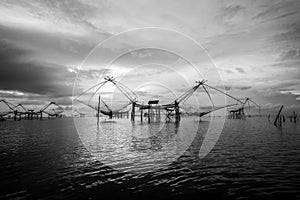 Black and white photo Songkhla Lake at sunrise, Thailand