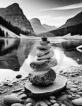 A black and white photo of stacked rocks
