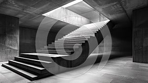A black and white photo of a stairway in an empty room, AI
