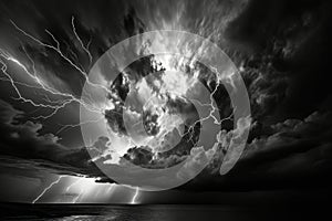 A Black and White Photo of a Storm Over the Ocean, Dramatic black and white depiction of a lightning storm, AI Generated