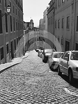 Black and White photo of street in Lisbon, Portugal
