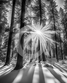 black and white photo of sun rays in the forest naturalism