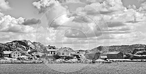 Black and white photo of Swedish coastal village