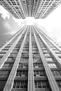 A black and white photo of a tall building with clouds in the sky, AI