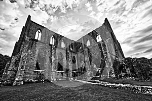 Black and white photo of Tintern Abbey, near Chepstow,