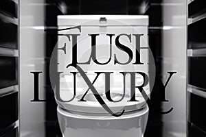 A black and white photo of a toilet with the words flush luxury, AI