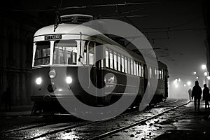 a black and white photo of a train on the tracks