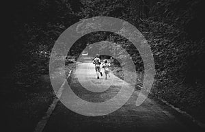 Black and white photo of two brothers running in a park