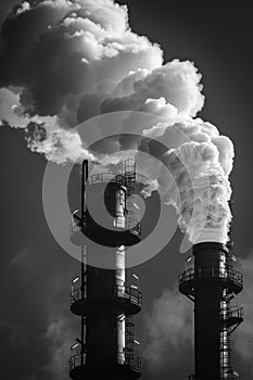 A black and white photo of two smoke stacks emitting steam, AI