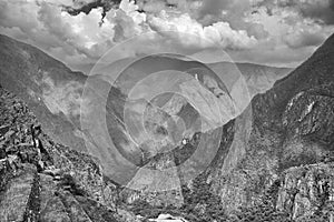 Black & White photo of valley view from Machu Picchu