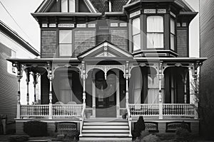 a black and white photo of a victorian house with its exterior details, including the front porch, windows, and door