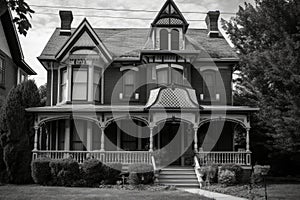 a black and white photo of a victorian house with its exterior details, including the front porch, windows, and door