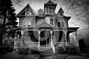 a black and white photo of a victorian house with its exterior details, including the front porch, windows, and door