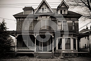 a black and white photo of a victorian house with its exterior details, including the front porch, windows, and door