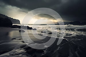 A black and white photo of waves crashing on a beach. Generative AI image.