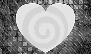 black and white photo, white heart on white lines and curves on rounded rectangle on rose flowers bouquet background, banner,