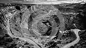 Black and White Photo of the White Rim Road and Shafer Trail in Canyonlands National Park