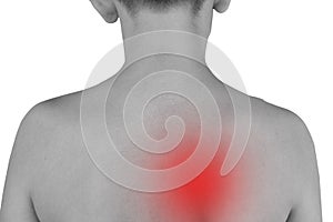 Black and white photograph of the back with shoulder blade pain. The red color further illustrates the pain