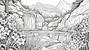 Adventure Themed Black And White Waterfall Coloring Page photo